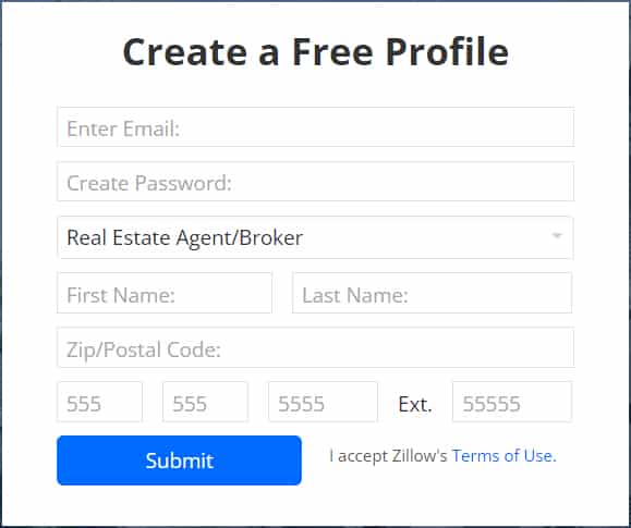 Zillow注册表单的示例图像。