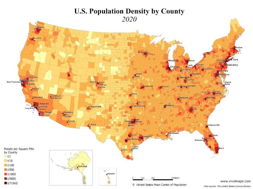 按县显示美国人口密度。