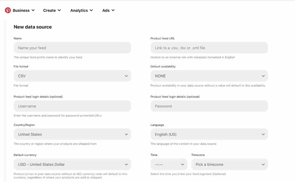 上传数据源直接到Pinterest的业务帐户。