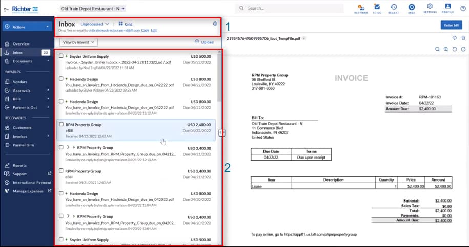 Bill.com收件箱的示例图像。