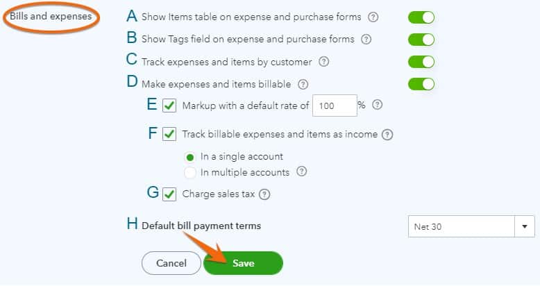 账单和费用设置在QuickBooks在线与标签。