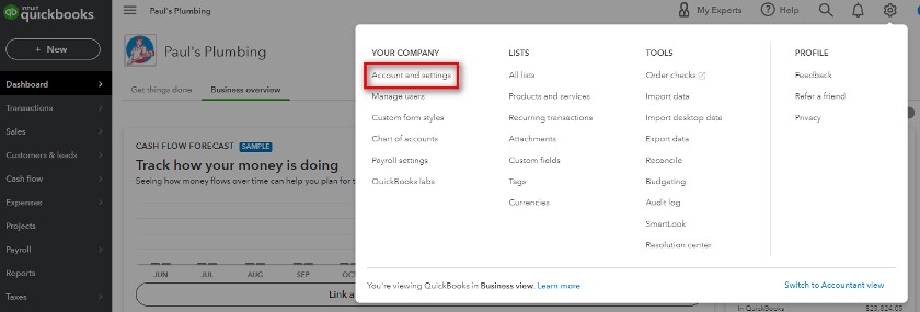 单击“帐户和设置在线QuickBooks”。
