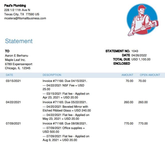 包含所有详细行的QuickBooks客户陈述的示例。