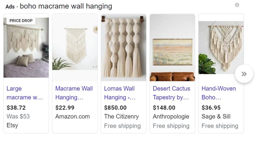 在谷歌上显示“波西米亚流苏挂墙”关键词搜索。