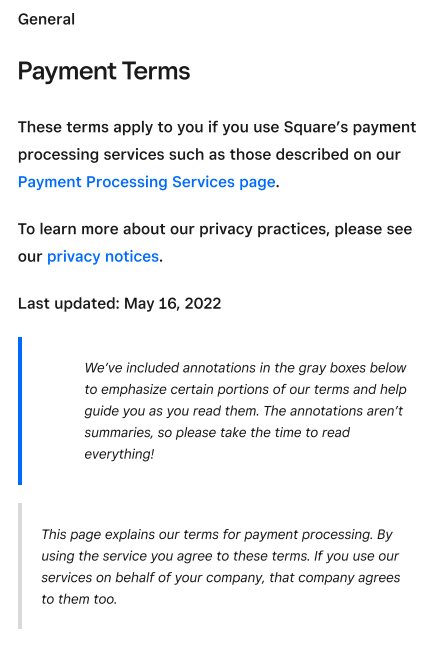 Square支付服务服务条款预览。