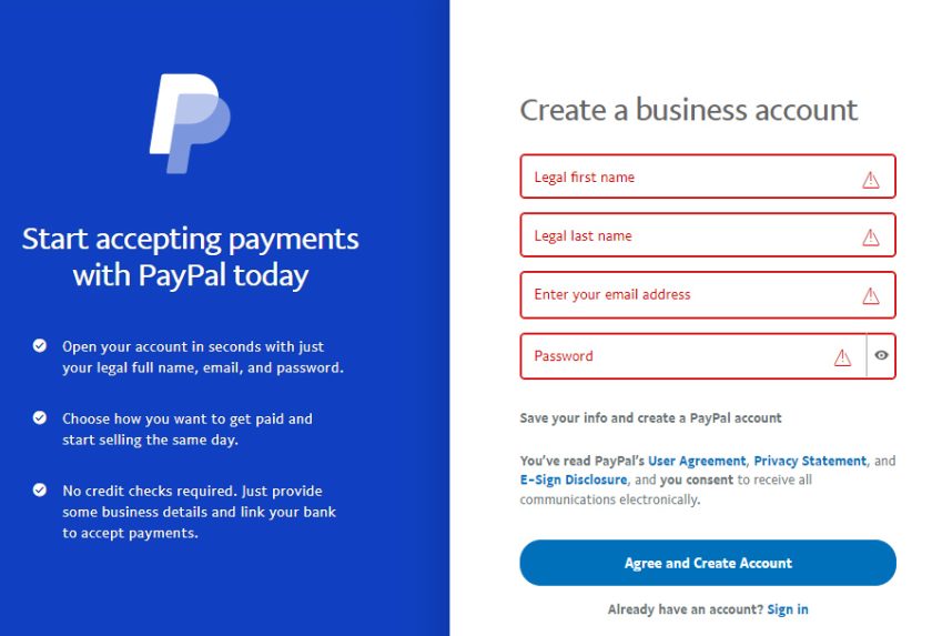 填写在PayPal上创建帐户的表格。