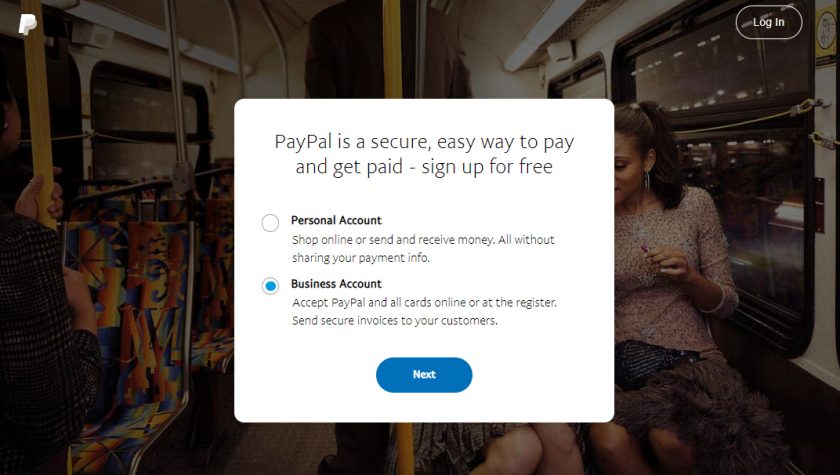 在PayPal上选择PayPal账户类型。