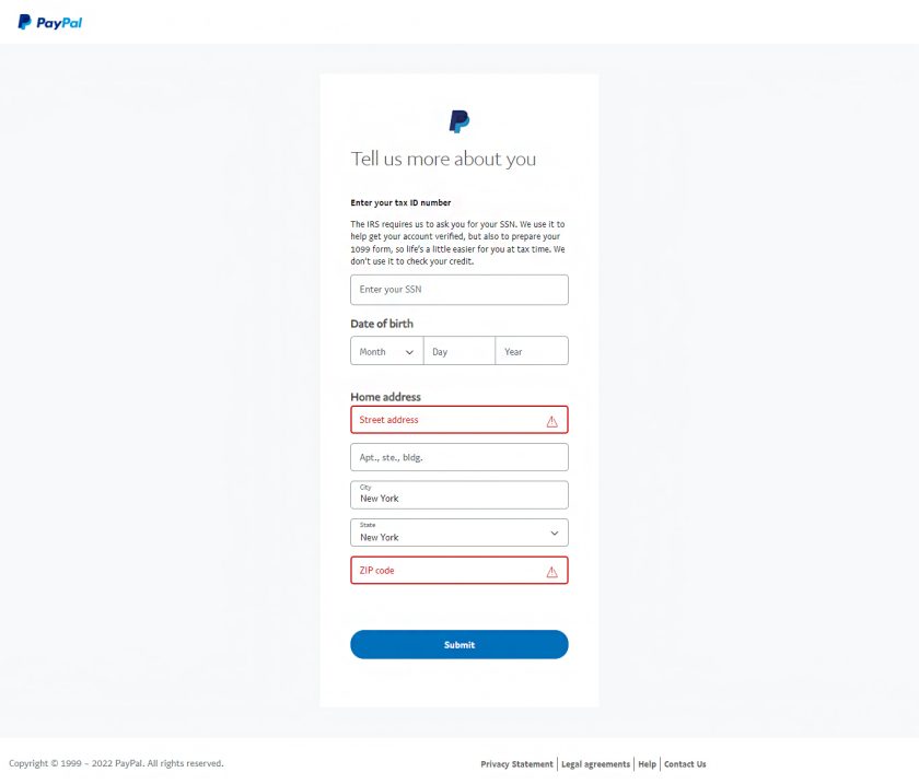 在PayPal业务上输入SSN，出生日期和家庭地址信息。