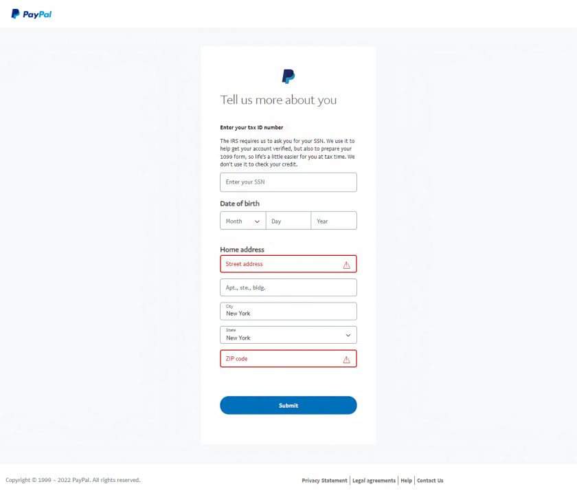 在PayPal业务上输入SSN，出生日期和家庭地址信息。