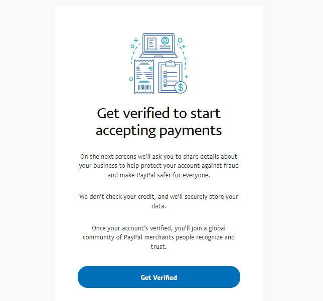 在PayPal上获得验证帐户按钮。