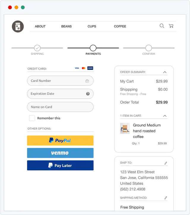 PayPal业务样本结帐页面与信用卡填写表格。