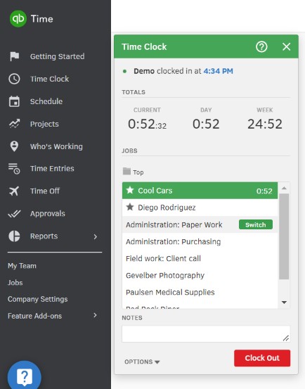显示如何容易切换工作时，跟踪时间与QuickBooks时间。