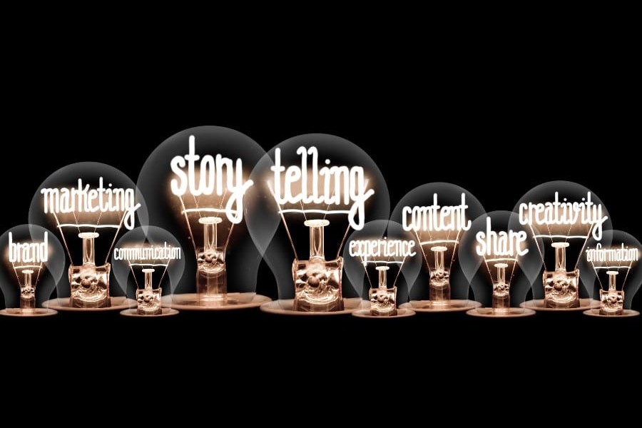 Photo of light bulbs with shining fibers of marketing-related words.