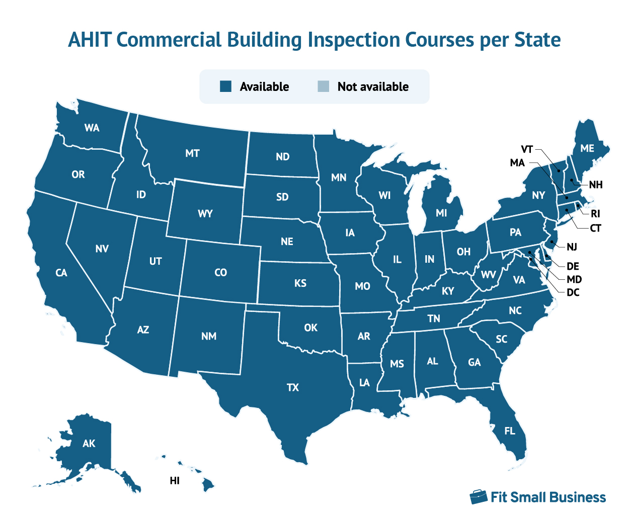 地图显示每个州的AHIT商业建筑检验课程。