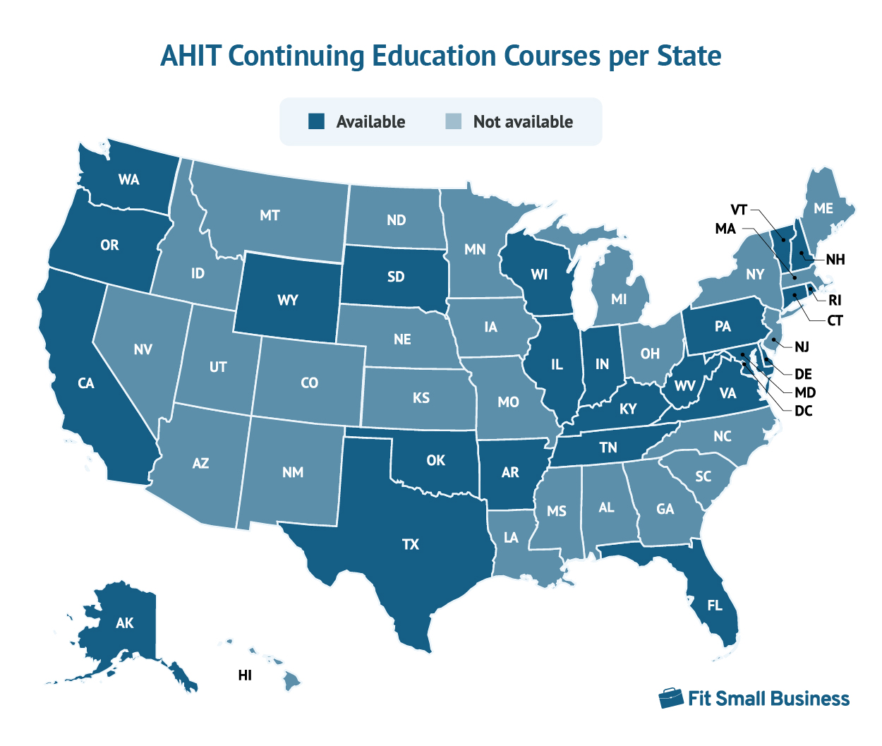 地图显示每个州的AHIT继续教育课程。