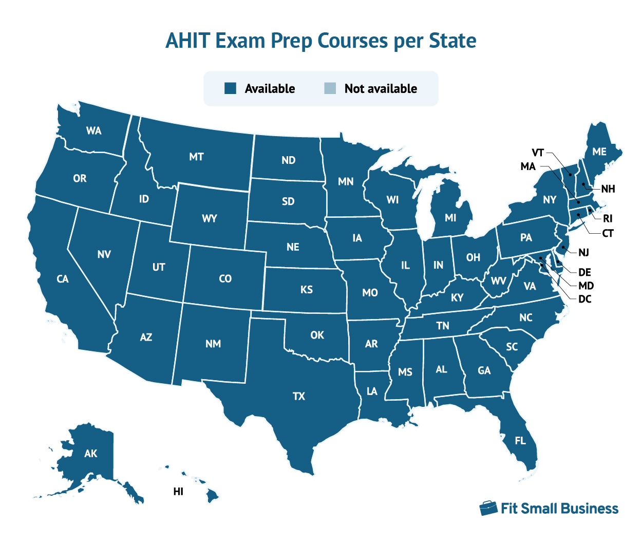 地图显示为AHIT考试预备课程每个州。