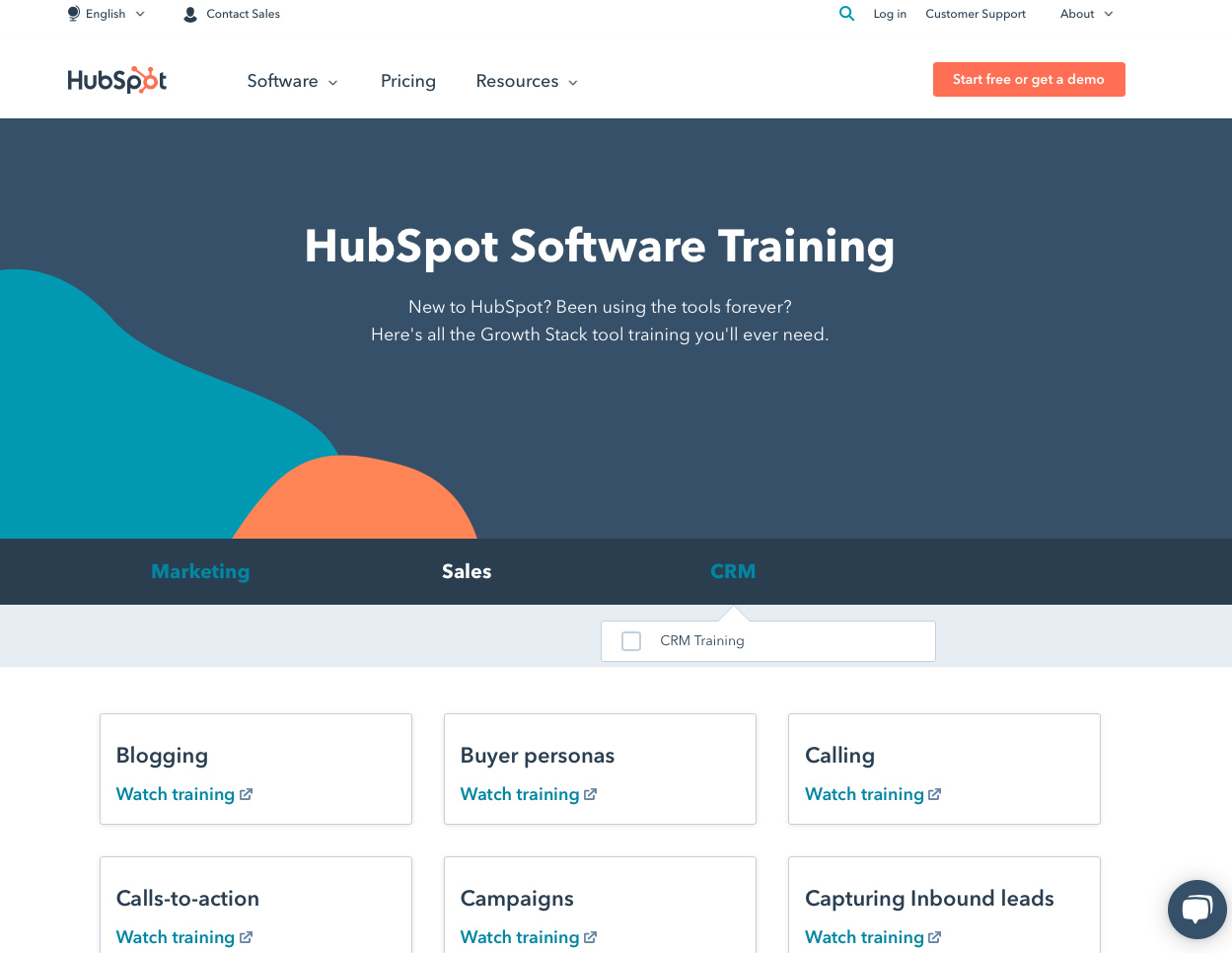 HubSpot学院软件培训页面。