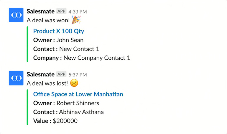 Salesmate的Slack消息样本。