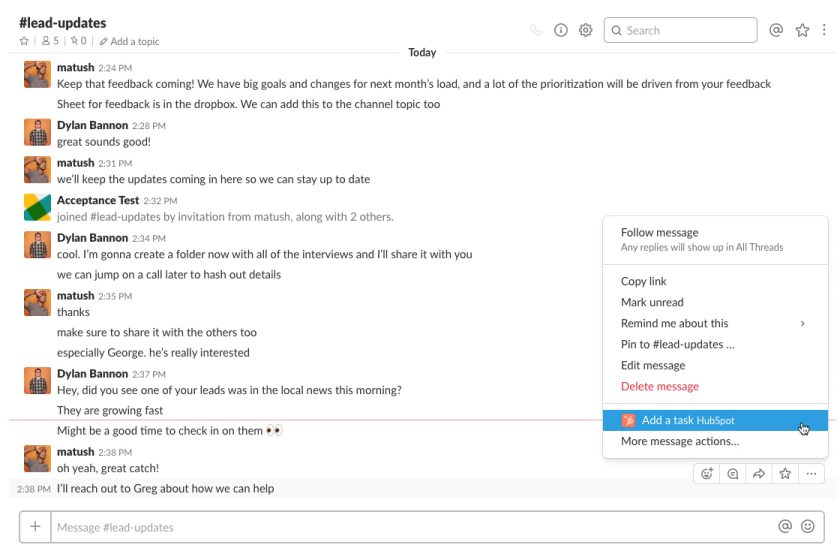 Slack示例通道对话和添加任务到HubSpot。