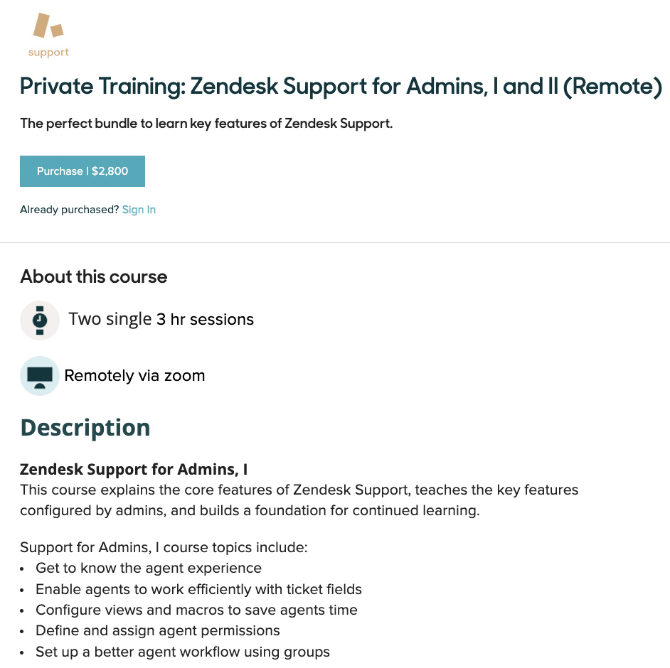 Zendesk认证考试描述页面示例。