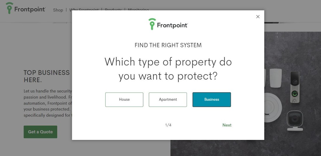 Frontpoint的业务安全页面引导您通过自定义报价。
