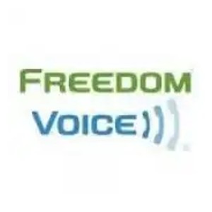 FreedomVoice标志，链接到FreedomVoice主页的新标签。