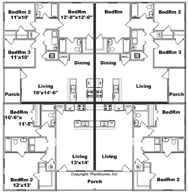 四套公寓住宅楼平面布置图的例子。