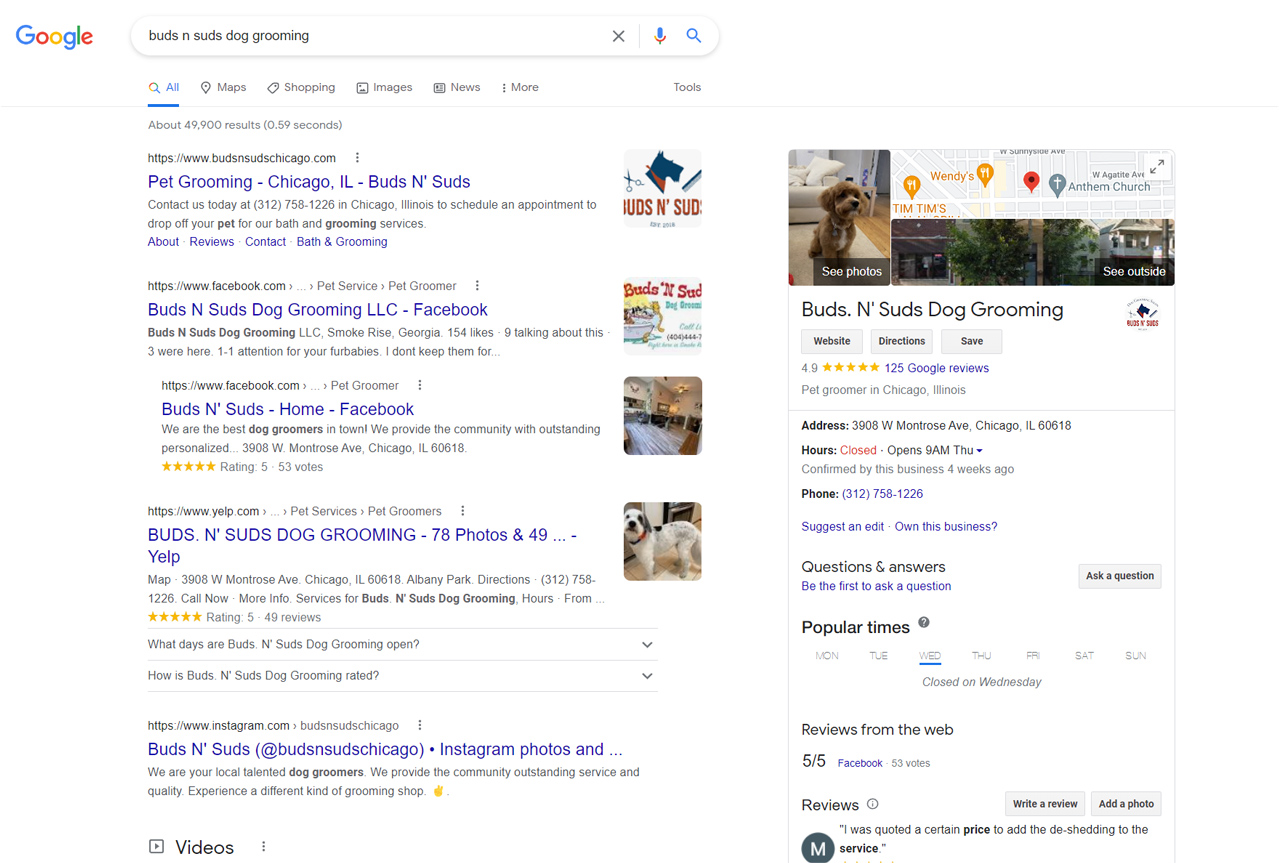 Google Business Profiles and search result sample.