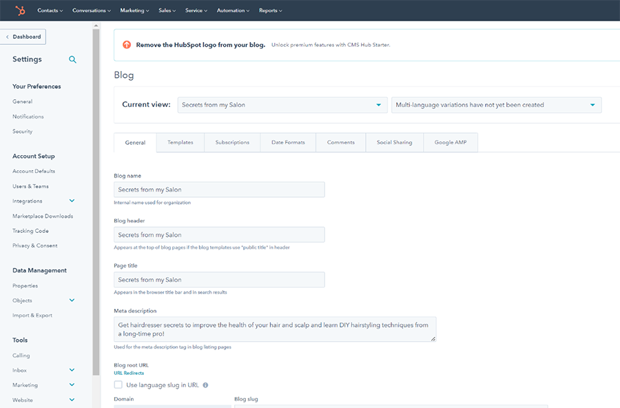 HubSpot的高级博客功能具有一般设置。