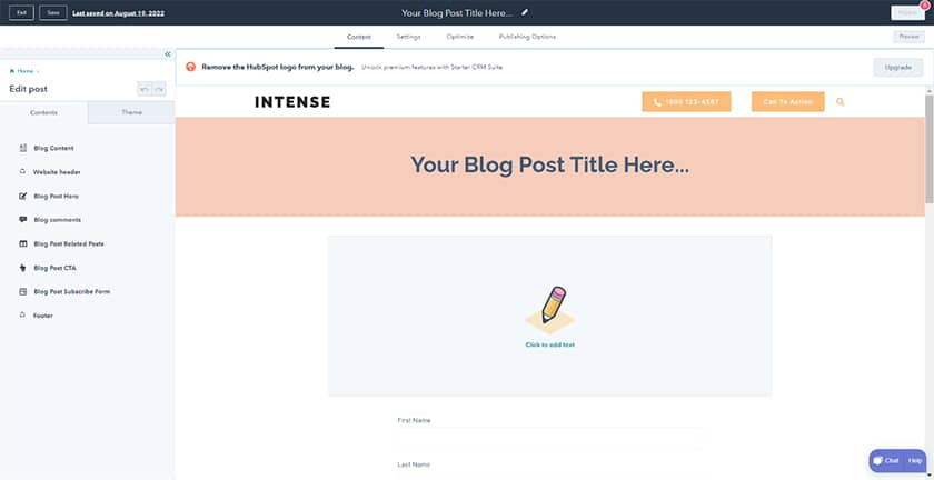 Hubspot创建博客帖子的选项。