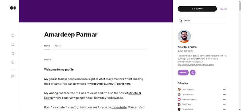 Medium.com的一个流行博客的例子，Amardeep Parmar。
