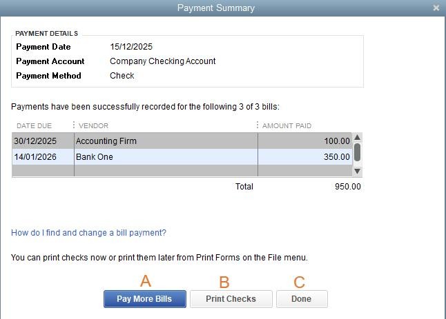 在QuickBooks桌面中支付更多账单或打印支票。