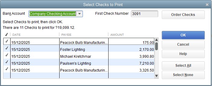 选择要在QuickBooks桌面中打印的支票。