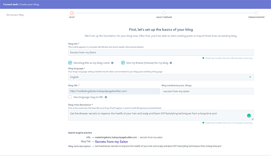 在HubSpot中设置你的博客的基本信息。