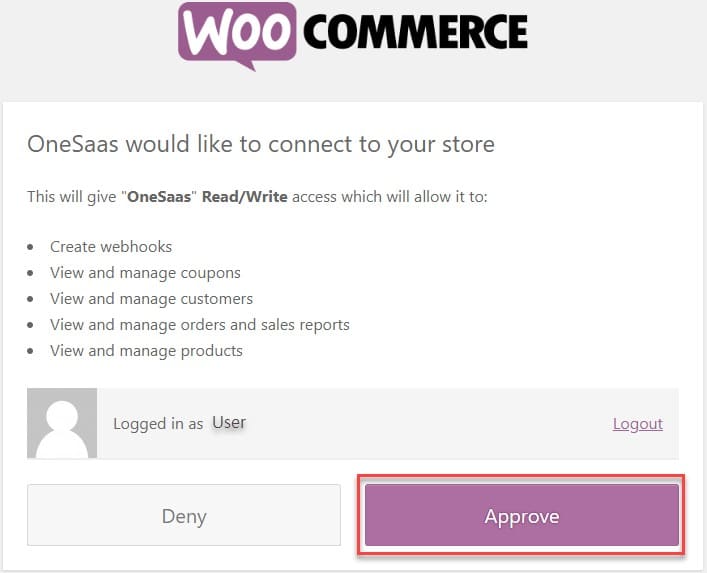 批准与WooCommerce的连接。