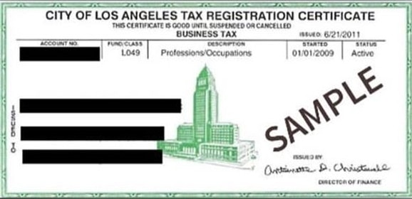 洛杉矶市税务登记证示例。