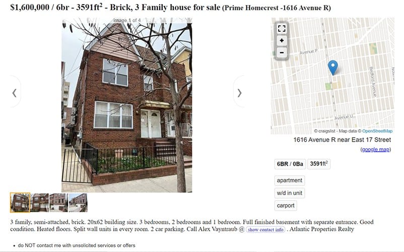在纽约出售房产的Craigslist网站。