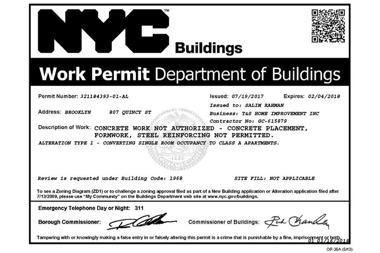 纽约市建筑工作许可部门的建筑例子。