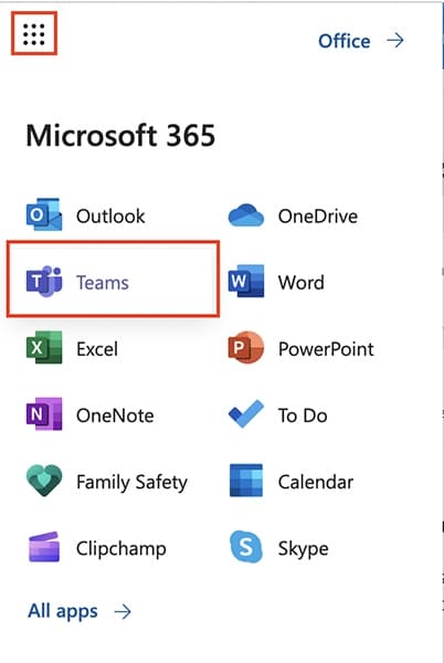 在Microsoft 365菜单中选择Microsoft Teams。