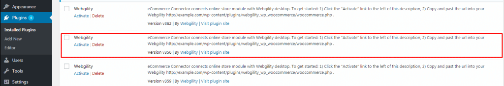 在WordPress上安装并激活Webgility。