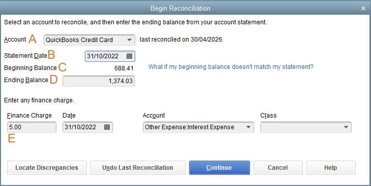 在QuickBooks Desktop中输入信用卡对账单信息。