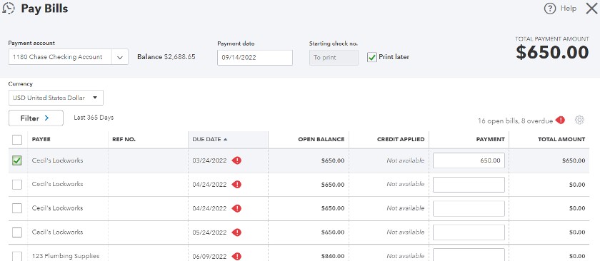 在QuickBooks在线必需品支付账单屏幕。