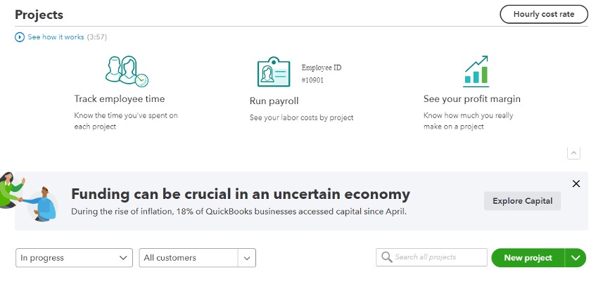 Project tool in QuickBooks Online Plus.