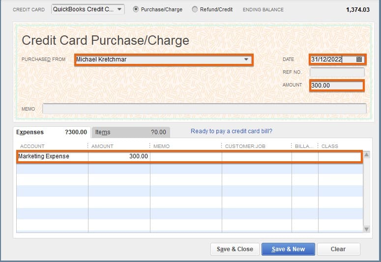 在QuickBooks Desktop中记录新的信用卡交易。
