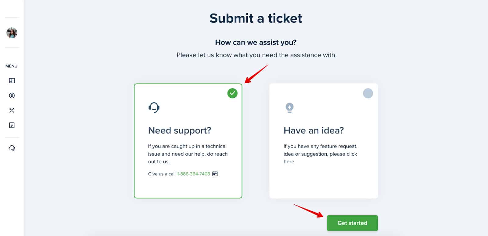 选择客户支持和开始按钮在TenantCloud上创建票据。