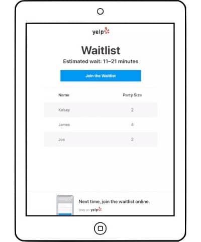 走进来的顾客可以很容易地将自己添加到Yelp Kiosk iPad上的等待列表中。