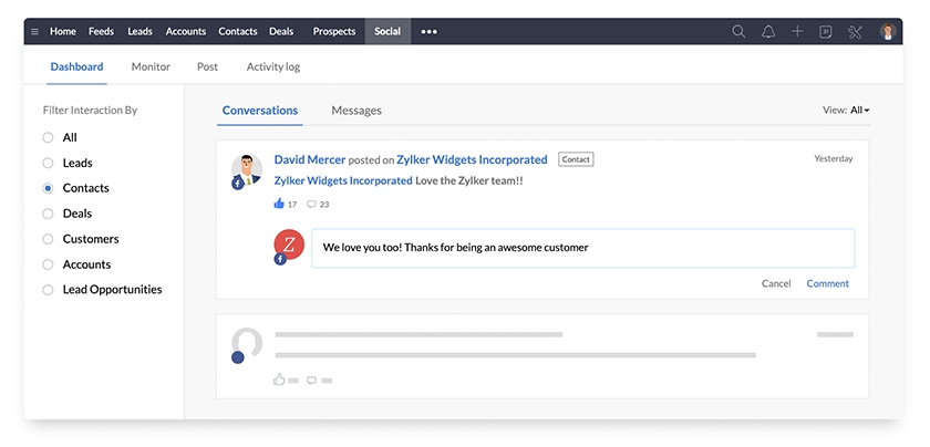 Zoho CRM社交仪表板与联系人的对话
