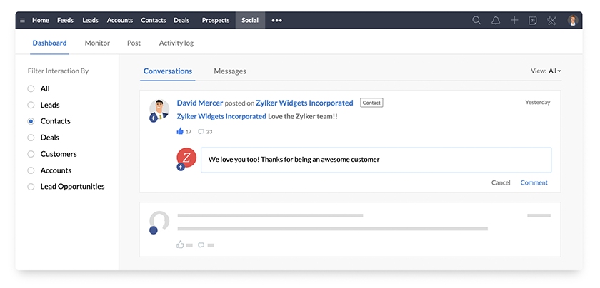 Zoho CRM社交仪表板与联系人的对话