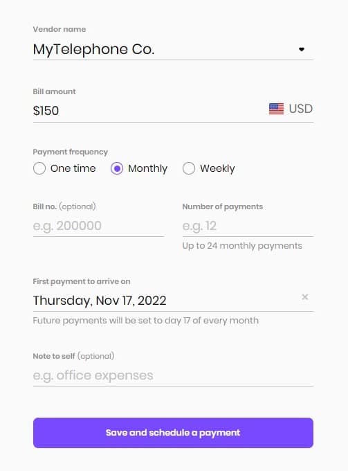 Image of the bill creation window of Melio that shows the biller, amount due, due date, and other bill details.