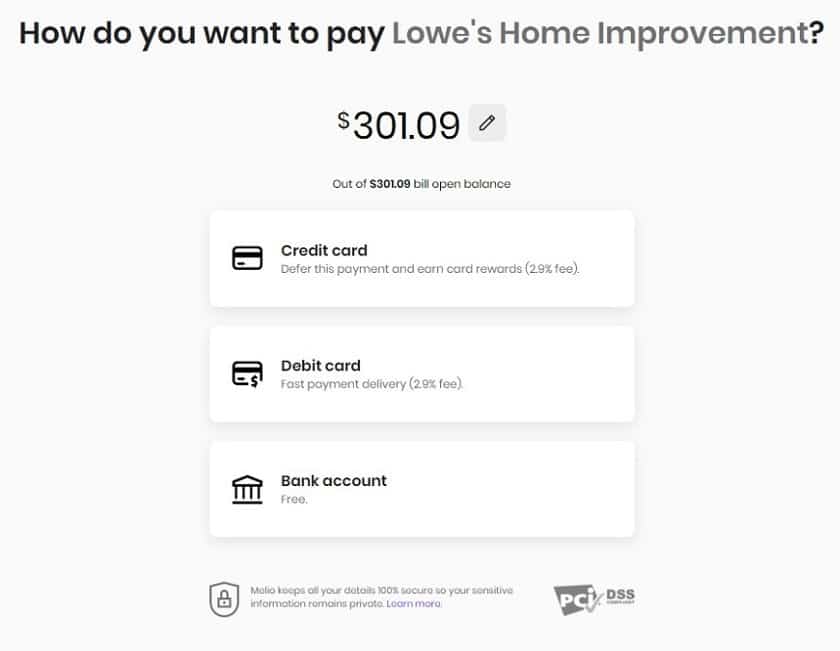 Image of the different payment options available when paying bills on Melio.